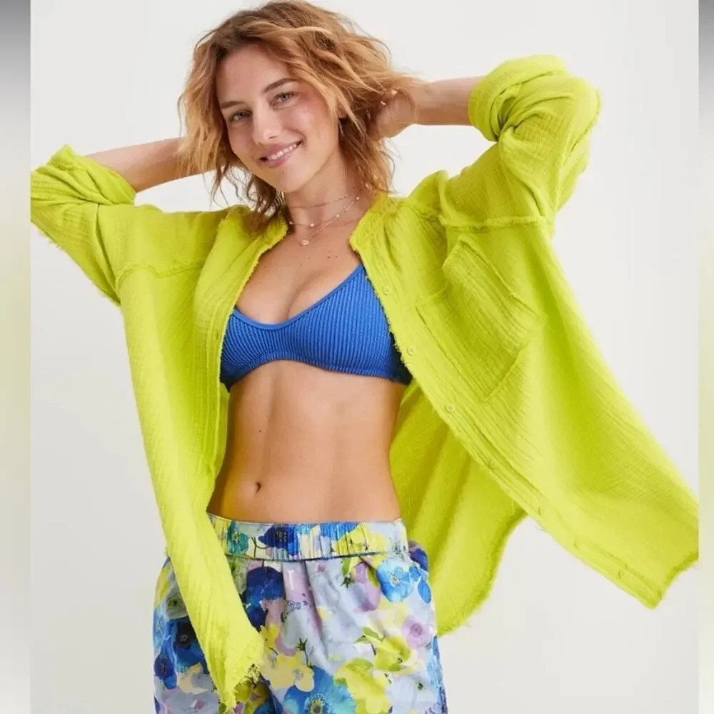Aerie Neon Green Pool to Party Gauze Button-down Cover-up Boho Beach Shirt XS - Picture 3 of 9